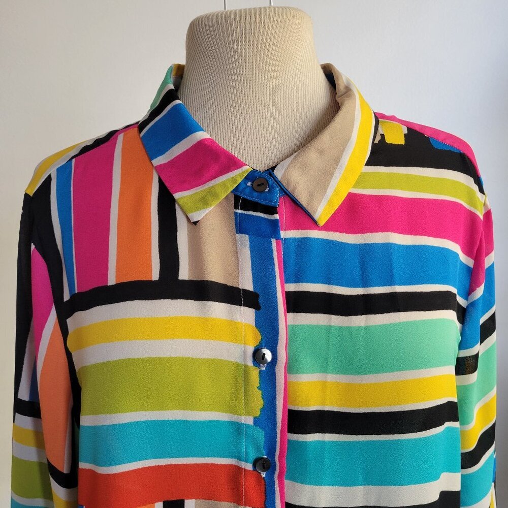 Spense Striped Button-Down Sheer Multi-colored Blouse (Size: Medium)